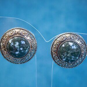 VINTAGE Gold Tone Clip On Dome Earrings GREEN/WHITE Marble